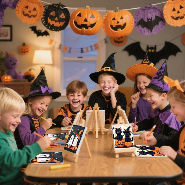 2 Pack Paint by Numbers Kit for Kids with Frame-Wooden Easel, Halloween Paint by Numbers for Kids Ages 4 8 12, Easy Halloween Acrylic Oil Painting Kits for Home Wall Decoration 8X8 Inch