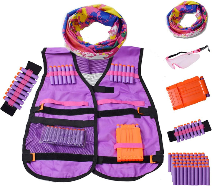Kids Tactical Vest Kit for Nerf Guns Tactical Jacket Kit for N-Strike Elite Series with 50 Refill Darts Bullets Reload Clips Wrist Band Protective Glasses and Face Tube Mask for Girls Boys