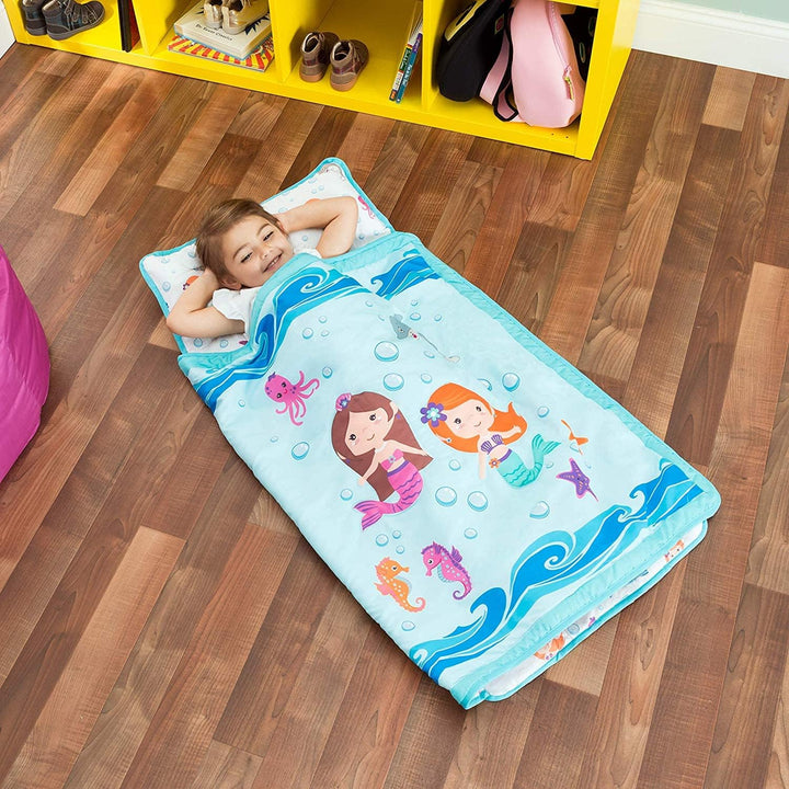 Toddler Nap Mat with Removable Pillow -Underwater Mermaids- Carry Handle with Fastening Straps Closure, Rollup Design, Soft Microfiber for Preschool, Daycare Sleeping Bag, Ages 2-6 Years