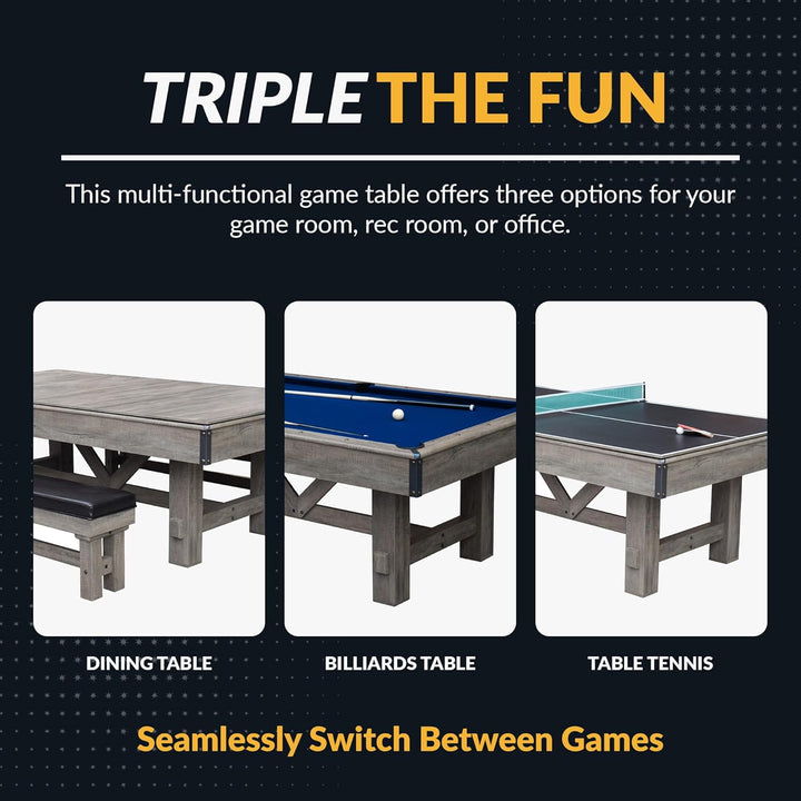 Logan 7-Ft Pool Table Combo Set with Benches - Rustic Gray with Blue Felt, Barnwood