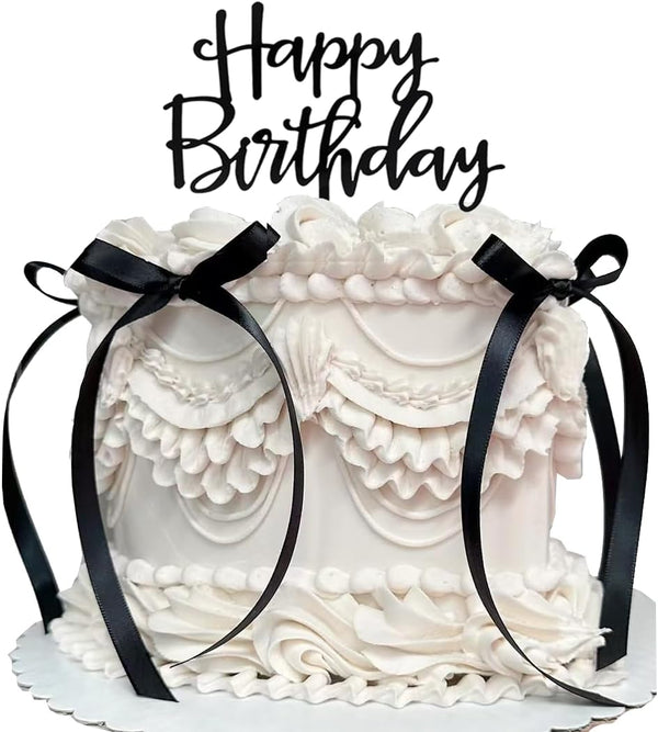 Bow Cake Topper with Happy Birthday Sign - Coquette Themed Party Black Vintage Heart Cake Decoration
