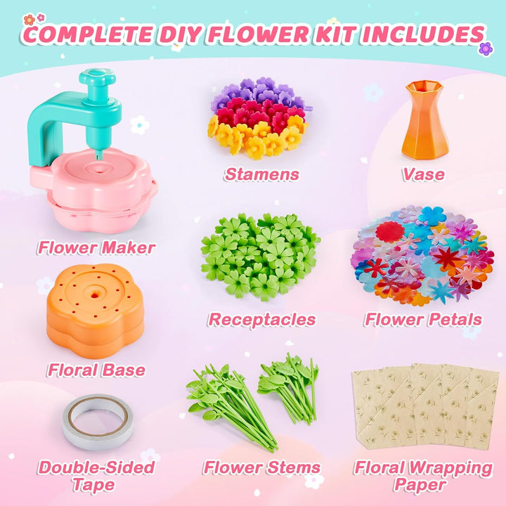 Flower Bouquet Toys, Arts and Crafts for Girls Ages 4-8, Gifts for 4 5 6 7 8 9 Year Old Girls, DIY Flower Making Toy Kit for Kids, Mess-Free Fun & Educational Activities for Preschool Kids