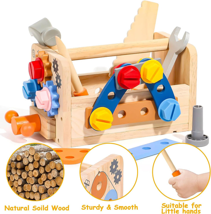 Kids Tool Set with Apron, Wooden Toddler Tool Bench Montessori Toys for 2+Year Old 39 PCS Educational STEM Construction Toys for Ages 2-4 Pretend Play Toddler Toys 3 4 5 Year Old Birthday Gift