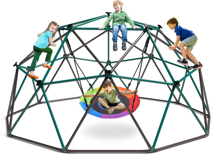 10 Ft Climbing Dome Swing Set with Saucer Swing, Jungle Gym for Kids Outdoor Backyard, Supports 800Lbs, Easy Asssembly, Rust-Resistant Outdoor Playset for Ages 3-8 8-12
