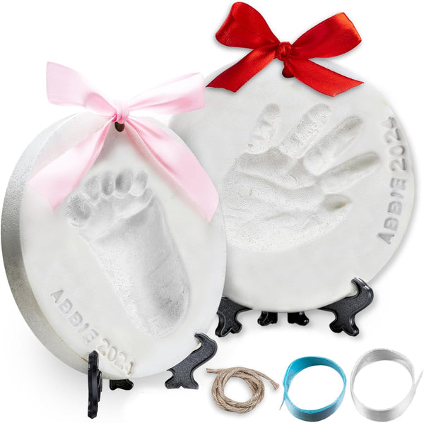 Baby Ornament Keepsake Kit (Newborn Bundle) - 2 Easels, 4 Ribbons & Letters! Handprint and Footprint Clay Casting Kit for Baby Shower Gifts, Boys & Girls