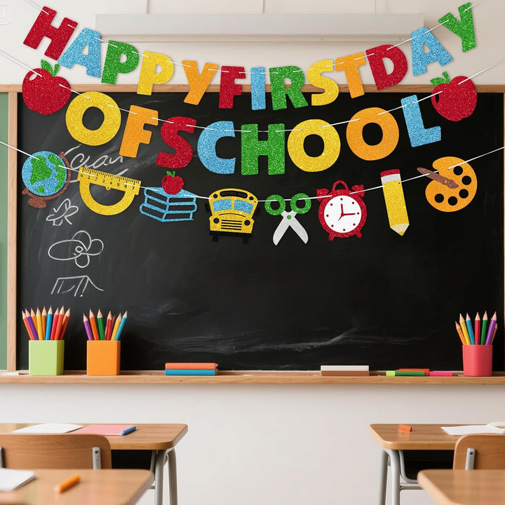 Happy First Day of School Banner, 3Pcs Welcome Back Banner Party Decorations for Children Kids Student Celebrating 1St Day of School Classroom Office Party Supplies Hanging Decor, Pre-Strung, NO DIY