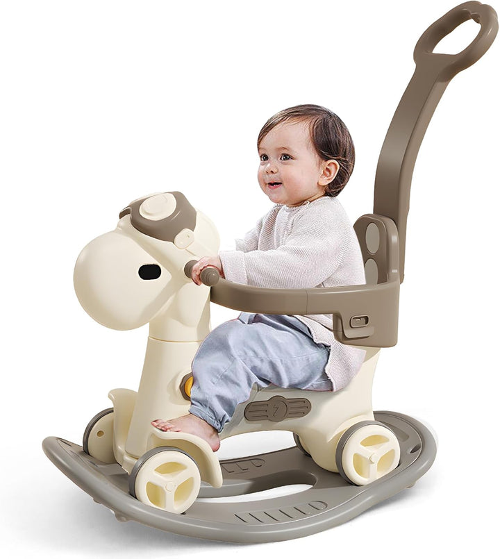 4 in 1 Rocking Horse for Toddlers 1-3 Years Old, Baby Rocking Toy Fun Birthday Gift for 1+ Boys, Ride on Toy with Detachable Balance Board and Footrest，Balance Bike with Push Handle，Blue