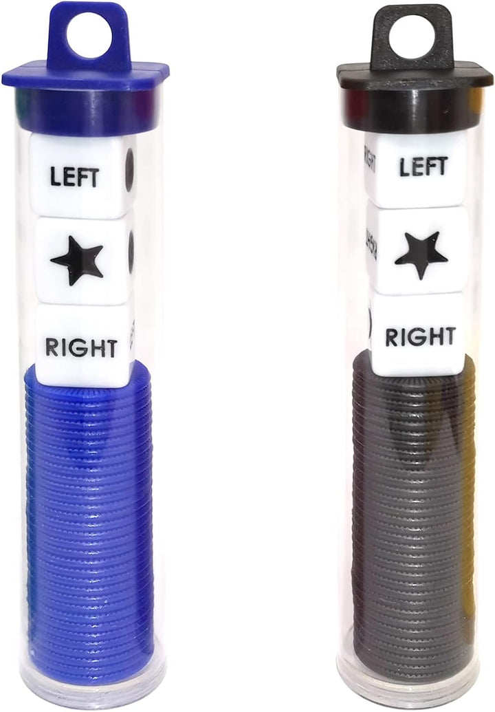 Left Right Center Dice Game Prime Set Bundle with 3 Dices + 36 Chips. round Tube Storage Is Very Convenient for Travel. Easy to Store, Carry Around. (Blue)