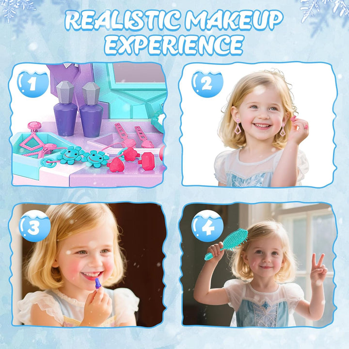 Kids Vanity Magic Makeup Table and Chair Set Girl Toys Mirror with Music Light Frozen Toys for 2 3 4 5 6 Year Old Girls Hair Salon Pretend Play Princess Dress up Playset Gift Toddler 1-3 3-5