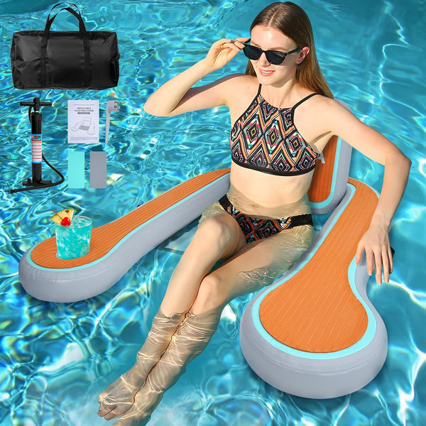 Inflatable Floating Chair Pool Lounger Float for Adults with Cup Holder, Floating Chair with Non-Slip EVA Pad Storage Bag for Pool, Lake, River, Party, Beach, 48 X 45 Inch