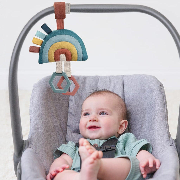 Jingle Travel Toy for Stroller, Car Seat or Activity Gym - Baby Hanging Toy Features Jingle Sound, Clinking Rings & Adjustable Attachment Loop (Rainbow)