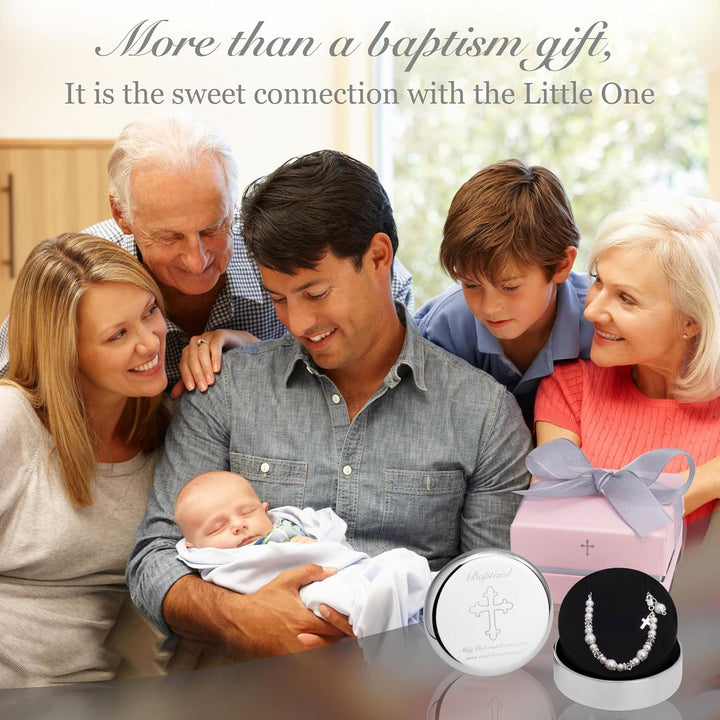 Baptism Bracelet in Sterling Silver and Cultured Pearls for Baby Girls, with Silver-Plated Jewelry Keepsake Box,Great Catholic Christening and Baptism Gifts for Girl