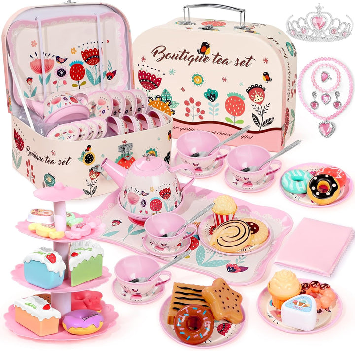 Tea Party Set for Little Girls, 49PCS Princess Tea Time Toys Including Tea Set Dessert Carrying Case, Kids Kitchen Pretend Playset, Tea Set for Girls Birthday Toddler Age 3-8, Pink