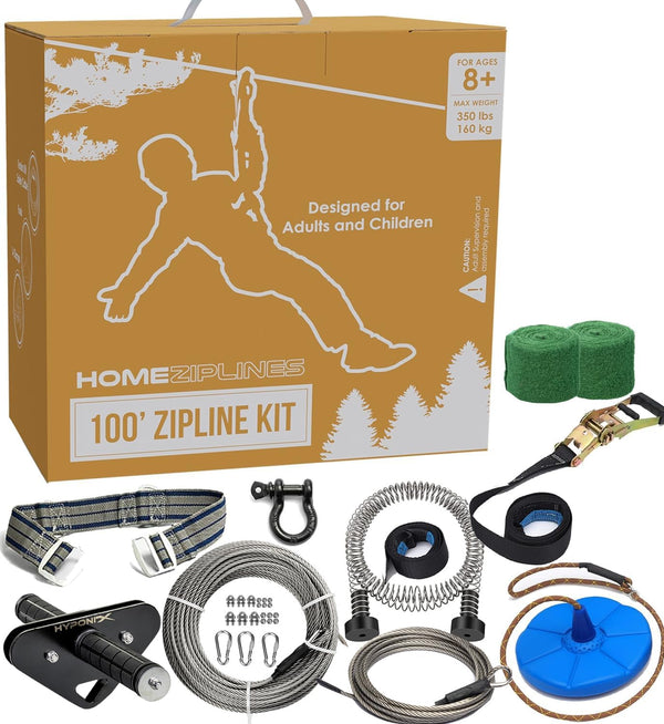 Zip Line for Kids and Adults up to 350 Lbs, 100/150/200 Ft Backyard Zipline Kit with Safety Harness, Quick Setup, Spring Brake System, Cushioned Seat, Rustproof Stainless Steel Cable