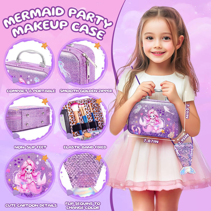 Kids Makeup for Toddlers Toys, Washable Make up Set Non-Toxic Mermaid Toys for Girls Purse, Princess Pretend Play Hair & Nail Polish Accessories, Christmas Birthday Gift Toys for Girls 3+