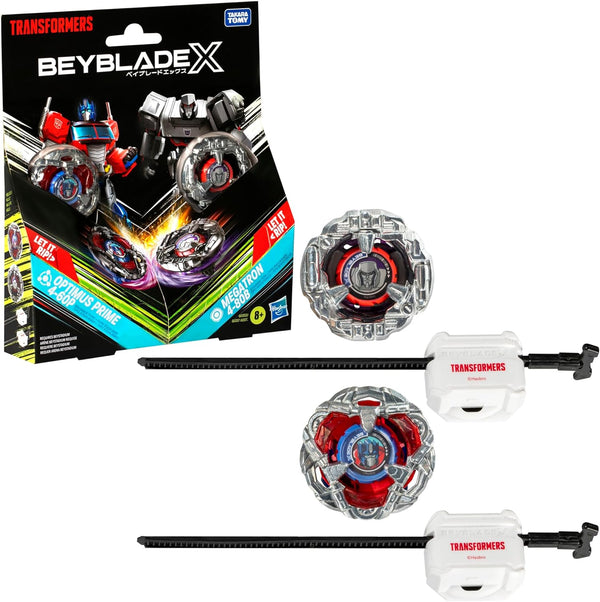 X Transformers Collab Optimus Prime 4-60P Vs. Megatron 4-80B Multipack Set with 2 Tops & 2 Launchers; Battling Top Toys for 8 Year Old Boys & Girls (Amazon Exclusive)