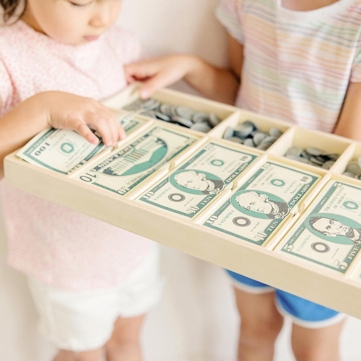 Play Money Set - Educational Toy with Paper Bills and Plastic Coins (50 of Each Denomination) and Wooden Cash Drawer for Storage