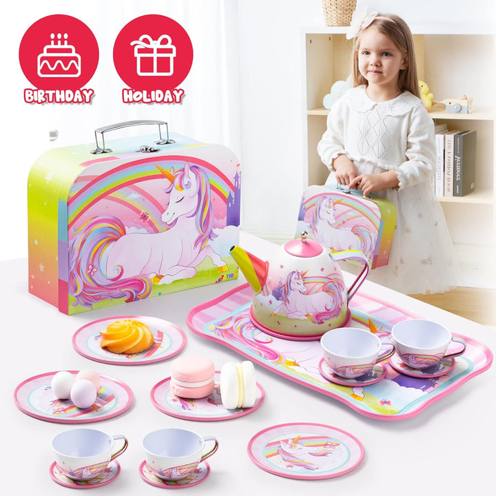 Unicorn Tea Set for Toddlers Tea Party Set for Children Kids Pretend Role Play Tin Teapot Set with Cups, Plates and Carrying Case Kitchen Toy for Little Girls Birthday Gifts Age 3 4 5 6