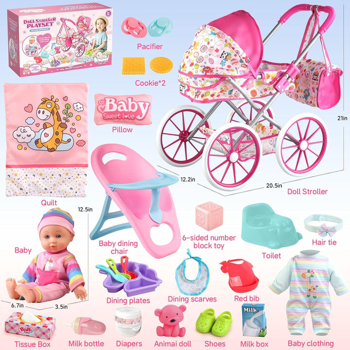 Baby Doll Stroller Toys Set with 12.5" Baby Doll,Dining Chair,Quilt Pillow,24 PCS Doll Accessories and 2 Sets Doll Clothes,Baby Stroller Toys for Girls Toddlers 3-5 4-6 5-7 Gifts for Pretend Play