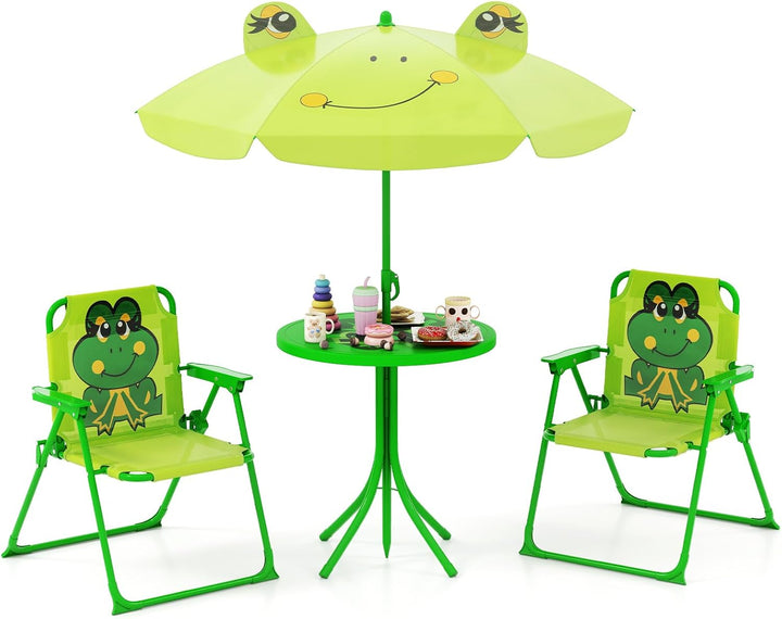 Kids Picnic Table, Kids Outdoor Table with 2 Folding Chairs, Height Adjustable Umbrella, Portable Children Outdoor Furniture for Patio, Garden, Backyard (Green)