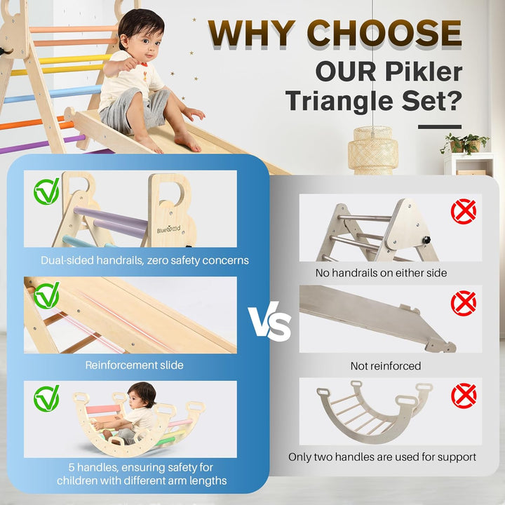 Pikler Triangle Set 7In1 Foldable Baby Climbing Toys Wooden Montessori Climbing Set with Arch&Ramp&Ladder Baby Climber Indoor Jungle Gyms for Toddlers Montessori Toys - Rainbow