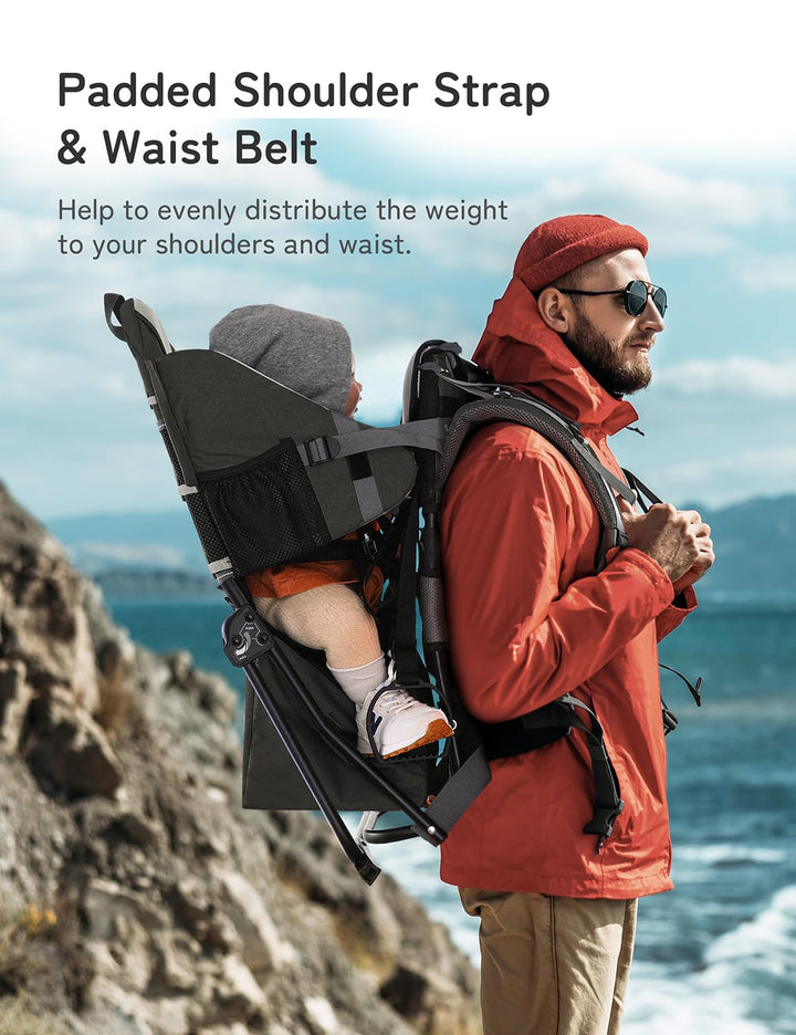 Baby Backpack Carrier, Toddler Hiking Backpack with Safety 3-Height Seat, Adjustable Straps&Waist Belt, Foldable Frame Lightweight Large Capacity Child Carrier for Hiking (Black)