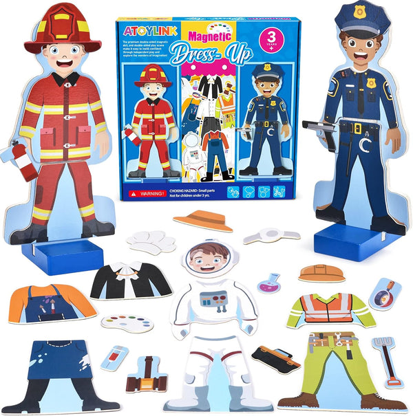 Wooden Magnetic Dress up Dolls Pretend Play Set 40+ Pcs Occupations Community Helpers Matching Games Fridge Magnets for Toddlers Preschool Learning Toys Boys Birthday Gifts