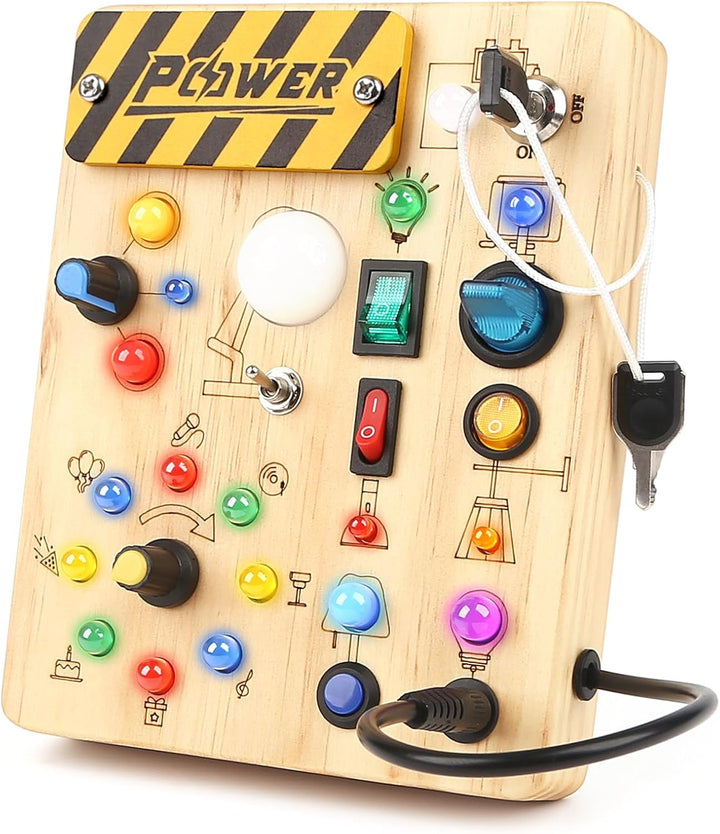 Montessori Busy Board Wooden Sensory Toys for Toddler with LED Light up Switch, Baby Fidget Board Travel Toys for 18+ Months, 1 2 3 Year Old Boys Girls Toddler Toy Gifts (Classic)