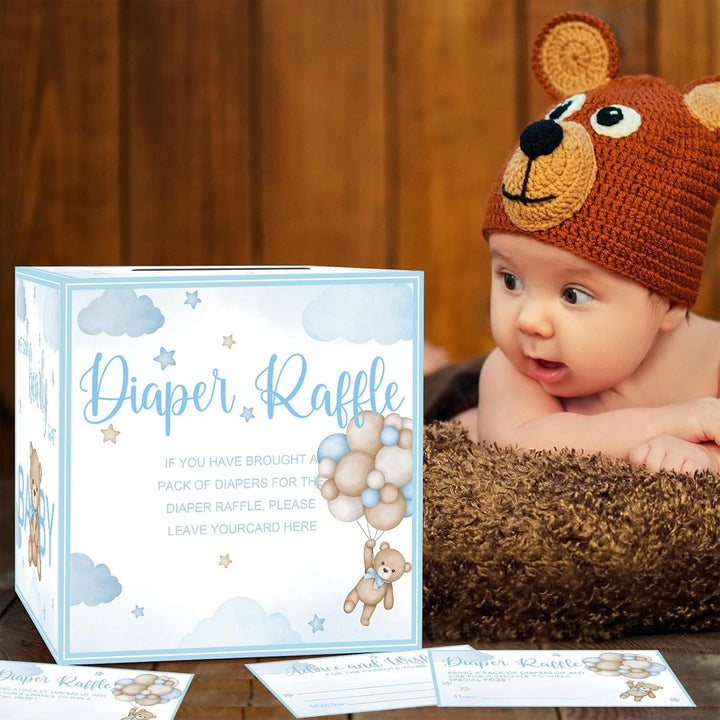 51 Pcs Bear Diaper Raffle Tickets with Diaper Raffle Card Box for Baby Shower Supplies, Blue Bear Themed Insert Card, Advice and Wishes Insert Ticket