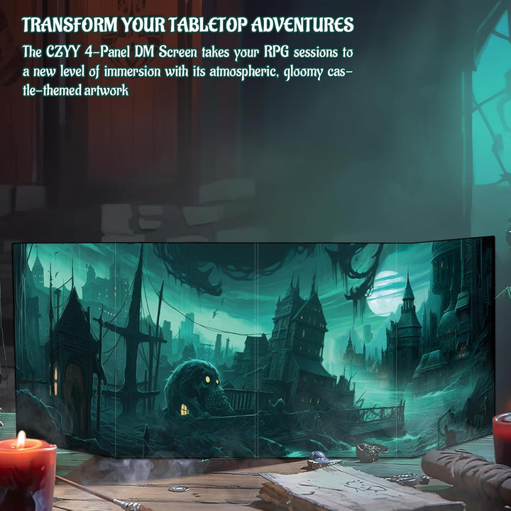 DM Screen 4-Panel Cardboard Game Master Screen with Erasable & Clear Pockets, Gloomy Castle Artwork Game Master Shield Tool for Dungeon Master and RPG Player (Style B)