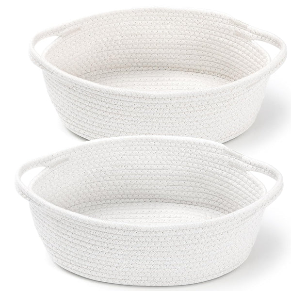 2 Pack Small Woven Basket with Gift Bags and Ribbons, Empty Decorative Gift Chest Box, Cute Baby Gift Basket for Nursery, Cotton Rope Room Shelf Storage Basket with Handles, All 12"X 8"X 5",White