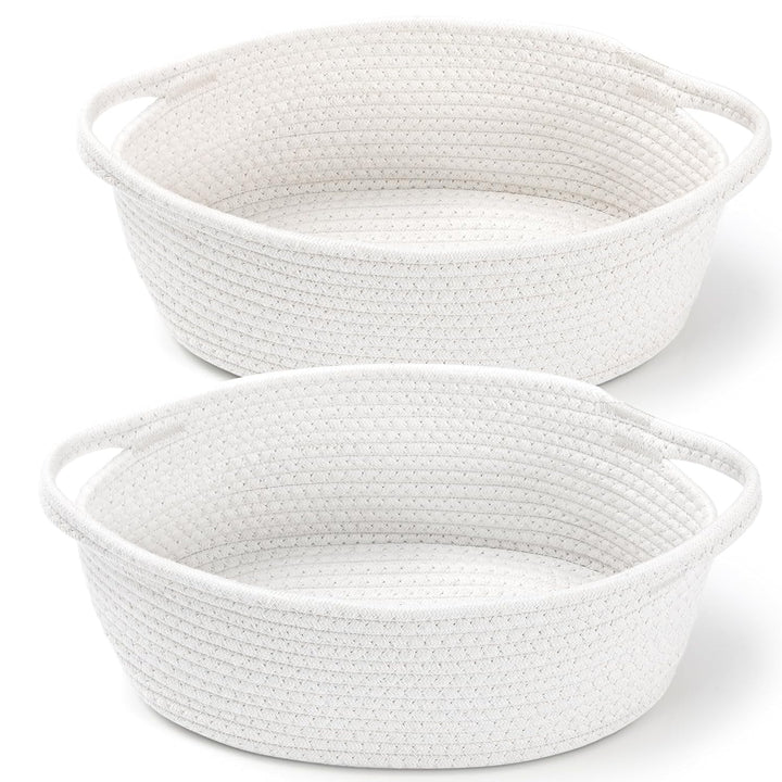 2 Pack Small Woven Basket with Gift Bags and Ribbons, Empty Decorative Gift Chest Box, Cute Baby Gift Basket for Nursery, Cotton Rope Room Shelf Storage Basket with Handles, All 12"X 8"X 5",White