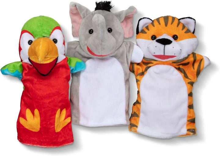 Safari Buddies Hand Puppets, Set of 6 (Elephant, Tiger, Parrot, Giraffe, Monkey, Zebra) Soft, Plush Animal Hand Puppets for Toddlers and Kids Ages 2+