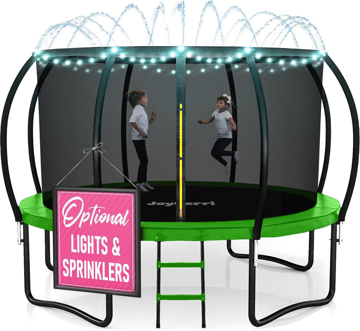 Trampoline Outdoor - ASTM Certified Safe, 8Ft, 10Ft, 12Ft, 14Ft, 15Ft, 16Ft Recreational Trampoline for Kids and Adults. Anti-Rust Coating with Enclosure Net, Ladder, Sprinkler & LED Lights