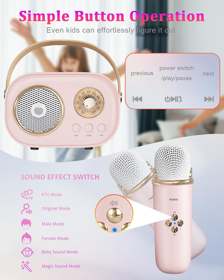 C20 Mini Karaoke Machine Portable Bluetooth Speaker with Wireless Microphone 6 Sound Modes for Adults&Kids Birthday Home Farmily Friends Party Gifts for Girls Boys Friends-Pink