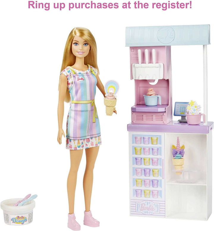 Careers Playset, Ice Cream Shop Set with Blonde Fashion Doll, Ice Cream Machine, Molds, Dough & Accessories