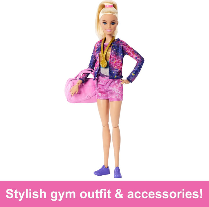 Careers Playset, Gymnastics Set with Blonde Gymnast Fashion Doll, C-Clip for Flipping Action, Balance Beam, Warm-Up Suit & Accessories