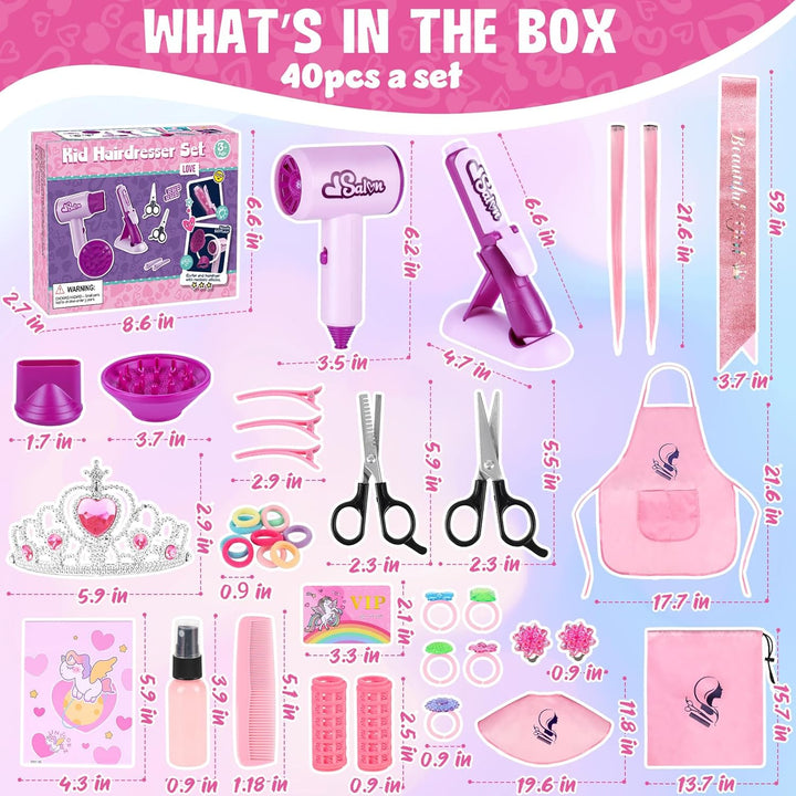 Hair Salon Toys for Girls, 40Pcs Girl Beauty Salon Playset Pretend Hair Styling Set with Hairdryer, Curling Iron, Mirror, Barber Apron and Styling Accessories for Toddler Makeup Party Christmas