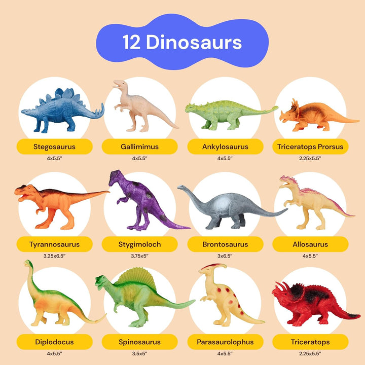 Dinosaur Toys for Kids - 12 Realistic Small Dinosaur Figures with Metal Storage Box & Soft Dino for Boys and Girls 3-7 Years - Spinosaurus Toddler Toys