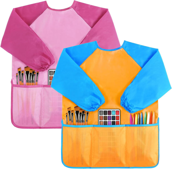 2 Pack Kids Art Smock,Kids Painting Apron,Children Artist Aprons with Long Sleeve 3 Pockets for Toddlers 3-6 Years