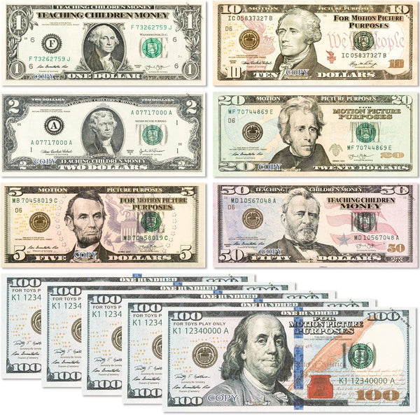 105 Pcs Fake Money Prop Money Play Money for Number Learning Education Toys for Girls Boys,Realistic Dollar Bills for Movie, Videos Music Party