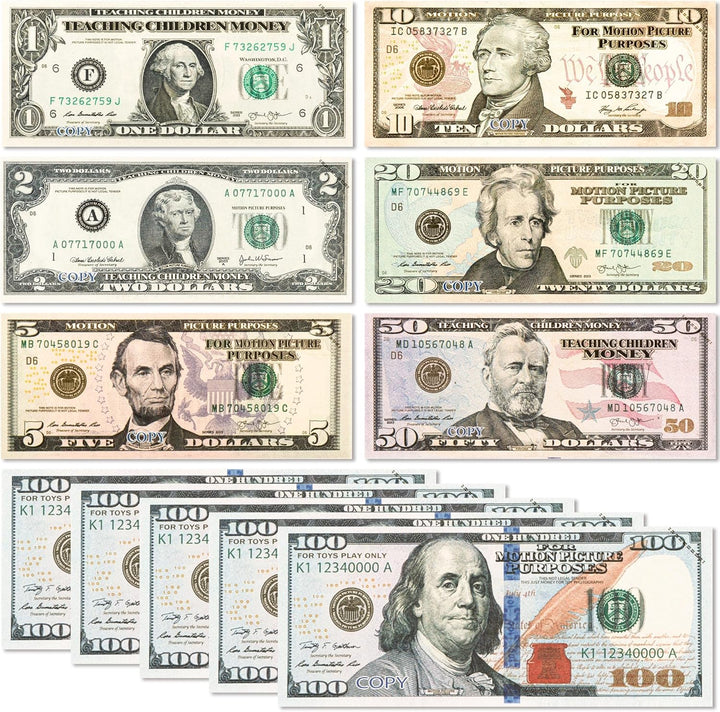 105 Pcs Fake Money Prop Money Play Money for Number Learning Education Toys for Girls Boys,Realistic Dollar Bills for Movie, Videos Music Party