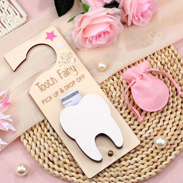 Tooth Fairy Holder Bag Hanger with Money Slot Keepsake Bottle Velvet Pouch Tooth Fairy Box Encourage Gift for Lost Teeth Boy Girl Milk(Classic,Pink)