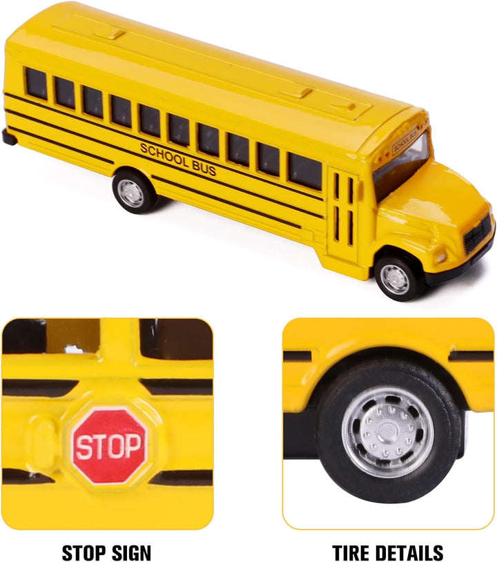 2 Pack Pull Back Bright Yellow School Bus Toys, 5.5" Die-Cast Metal Friction Powered Toy Vehicles for Kids Boys Girls