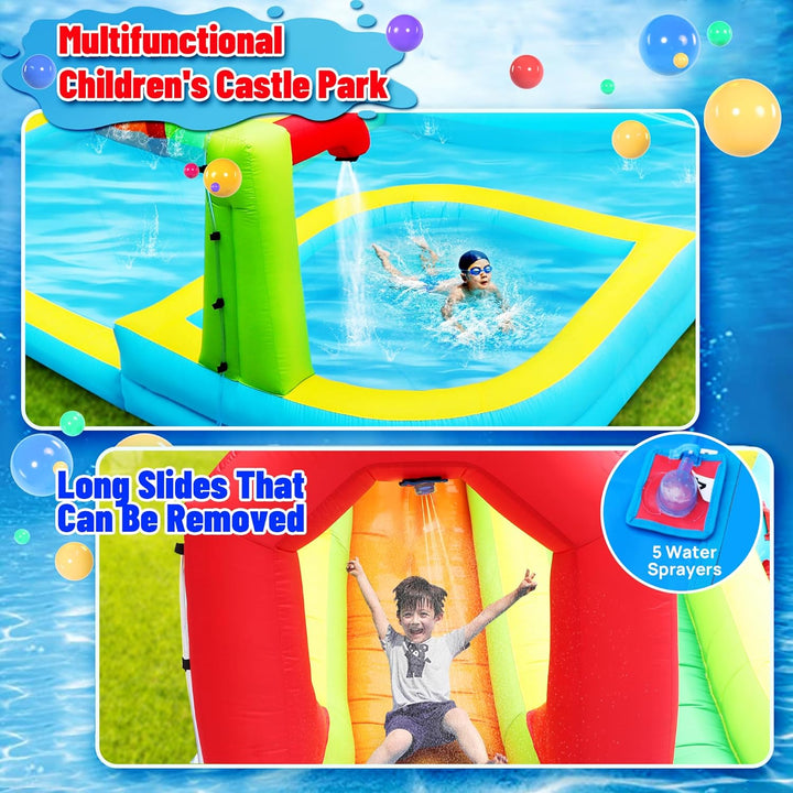 Inflatable Water Slide Park, Bouncy Castle with Deep Pool, 3 Inflatable Sport Balls and 4 Water Guns, Jumping Castle with Air Blower