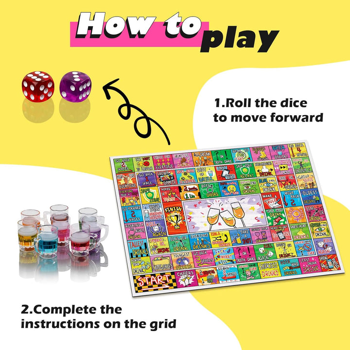Drinking Board Game for Adults with Non-Slip Rubber Mat, Interactive Drinking Party Games for Game Night, Bachelorette, Girls Night, Birthday, Couples, Family Game Night, 2-8 Players Age 21+