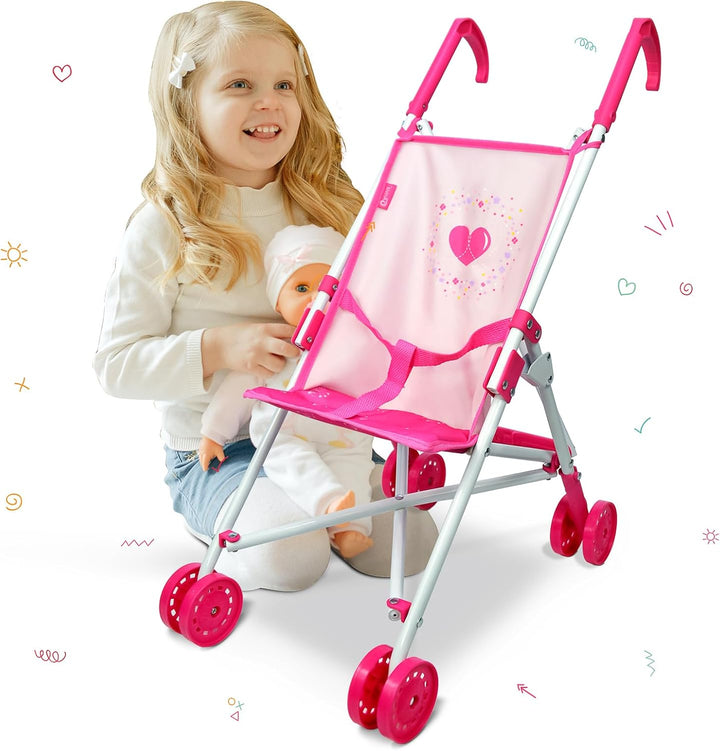 Baby Doll Collection Doll Stroller Heart Design Gifts for Toddlers and Girls Foldable Doll Stroller