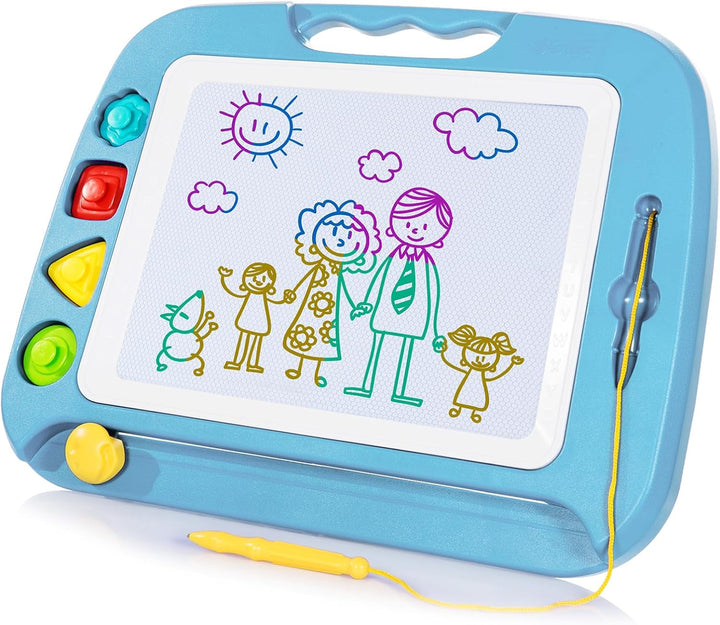 Large Magnetic Drawing Board - 4 Colors 16×13In Writing Painting Doodle Pad with 4 Stamps for Toddlers, Learning Educational Toy Etch Sketch Gift for 36+ Month Kids Girls Boys, Blue