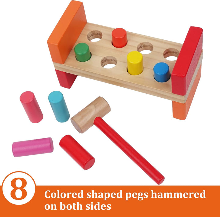 Wooden Hammer Toy for Toddlers 1-3, Montessori Pounding Bench Toy with 8 Pegs and Mallet for Hand-Eye Coordination, STEAM Toddler Toy