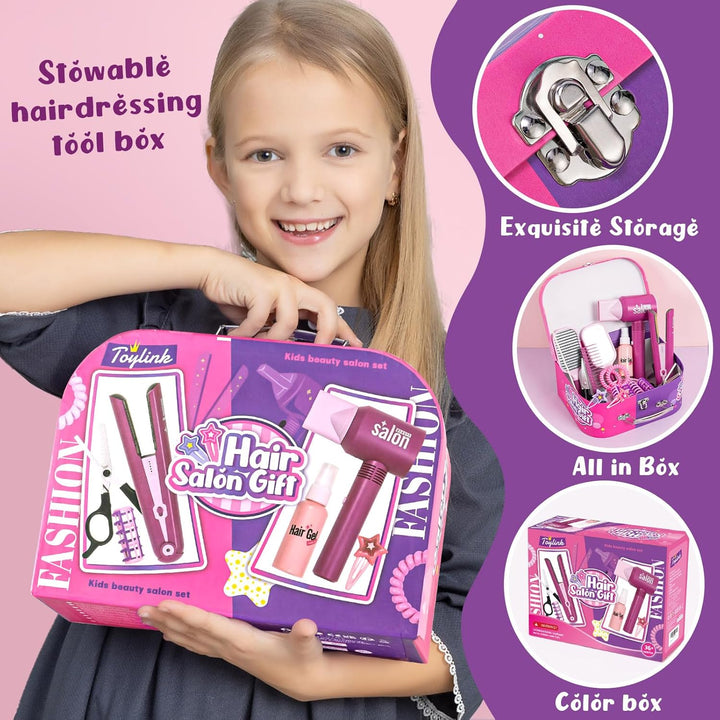 Hair Salon Pretend Play Toys for Girls 3 4 5 6 Year Old, Makeup Playset Toddler Dress up Beauty Hair Stylist Kit with Hairdryer Straightener Apron Portable Box, Birthday Gifts for Girls 4-6